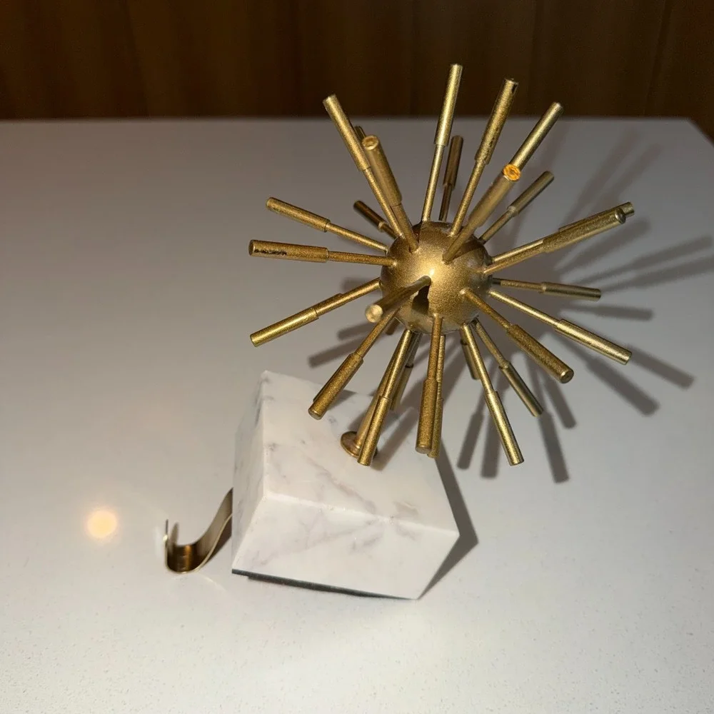 West Elm Stocking Holder Sputnik Atomic Star Burst Brass On Marble Base MCM